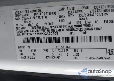 2019 Ford Transit-350 из США, поврежденный, VIN 1FTBW3XM8KKA20408